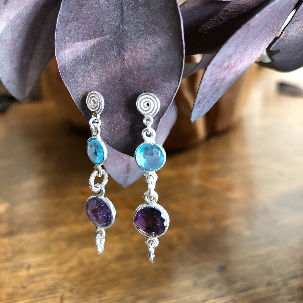 925 SS Amethyst & Blue Topaz Earrings - Picture 2 of 5